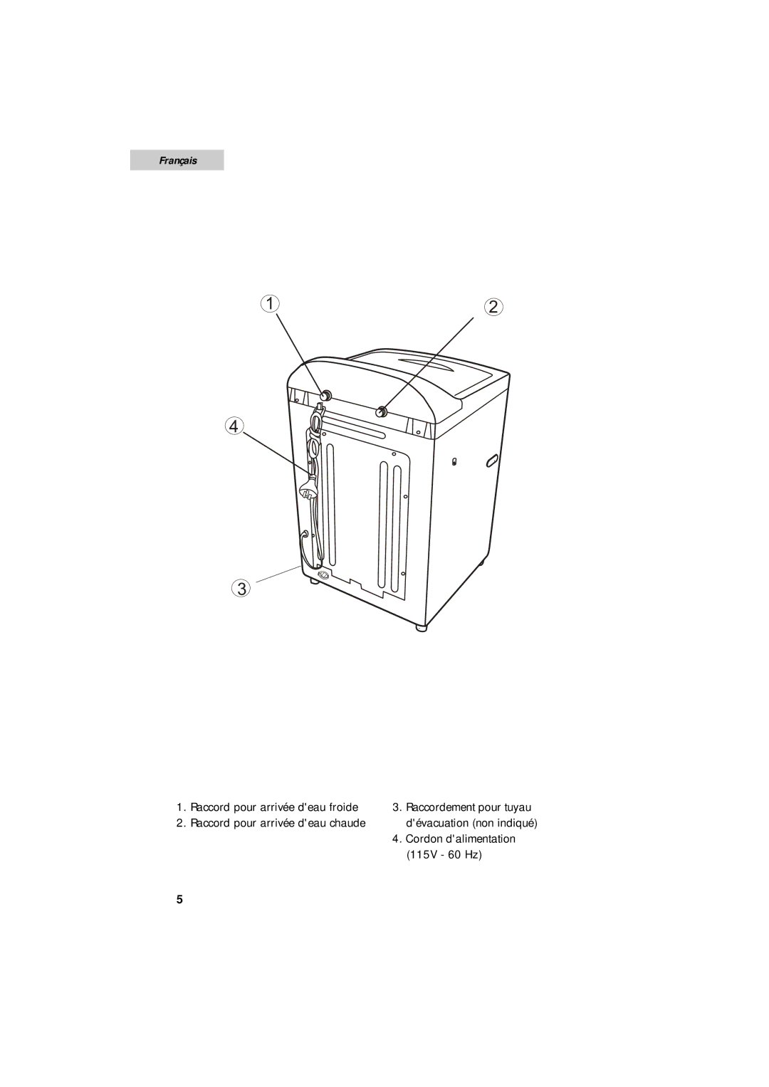 Summit SPW1200P user manual Raccord pour arrivée deau froide 