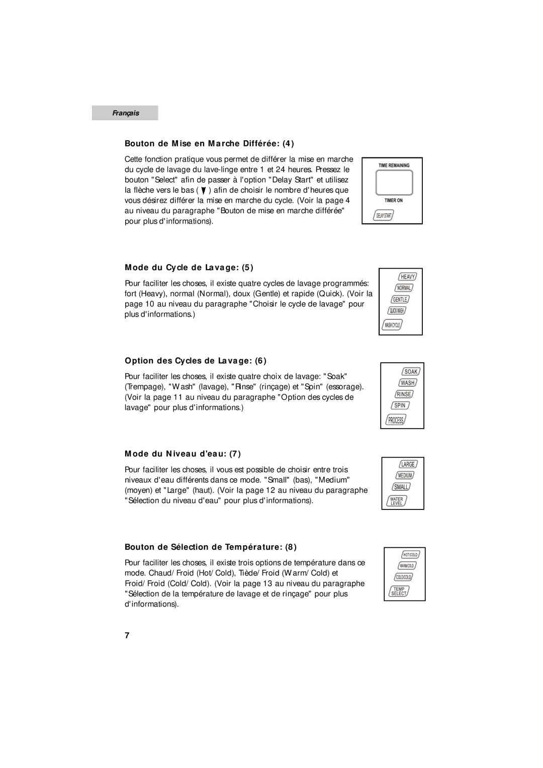 Summit SPW1200P user manual Bouton de Mise en Marche Différée, Mode du Cycle de Lavage, Option des Cycles de Lavage 