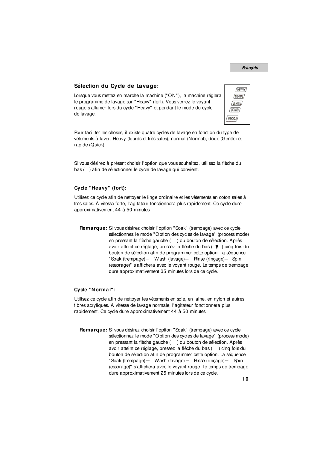 Summit SPW1200P user manual Sélection du Cycle de Lavage, Cycle Heavy fort, Cycle Normal 