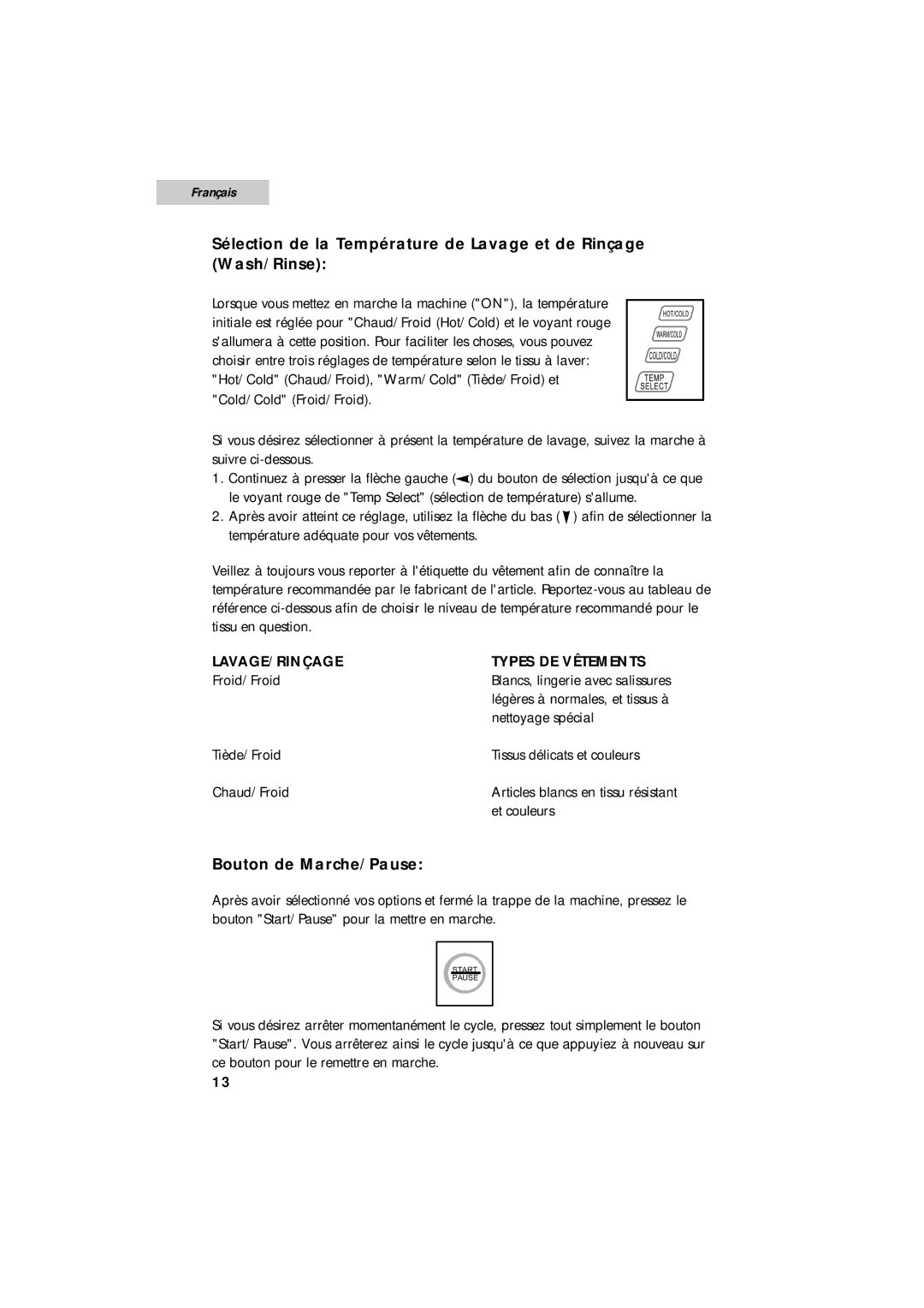 Summit SPW1200P user manual Bouton de Marche/Pause, LAVAGE/RINÇAGE Types DE Vêtements 