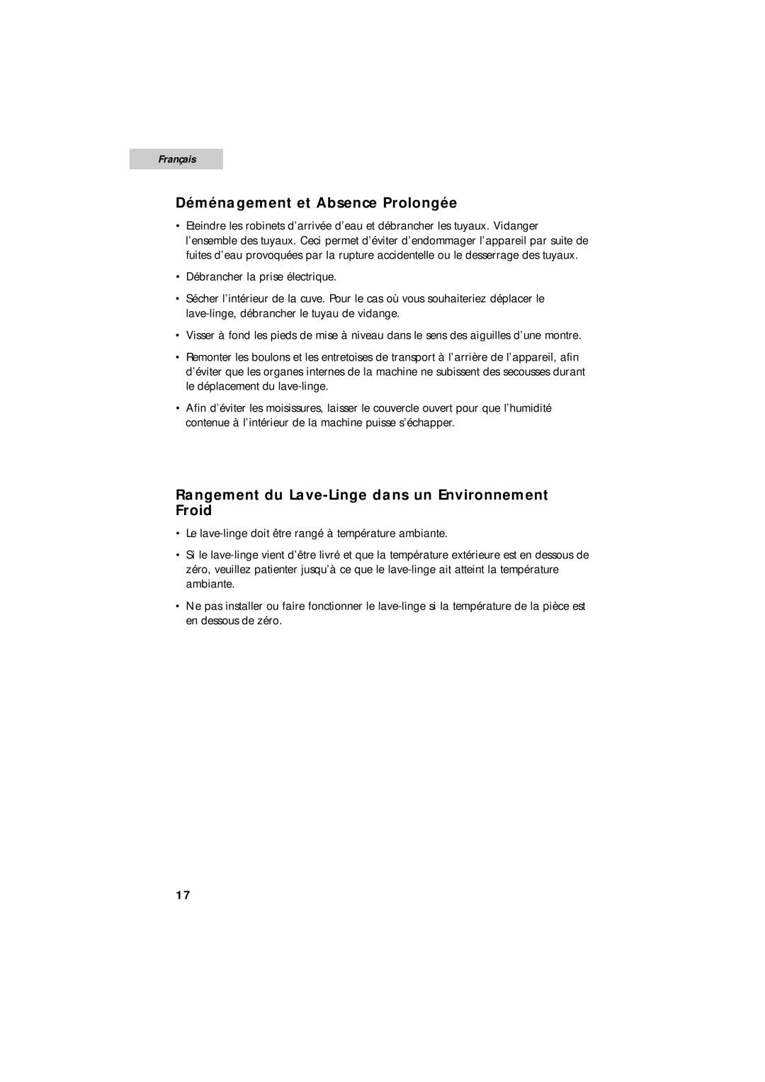 Summit SPW1200P user manual Déménagement et Absence Prolongée 