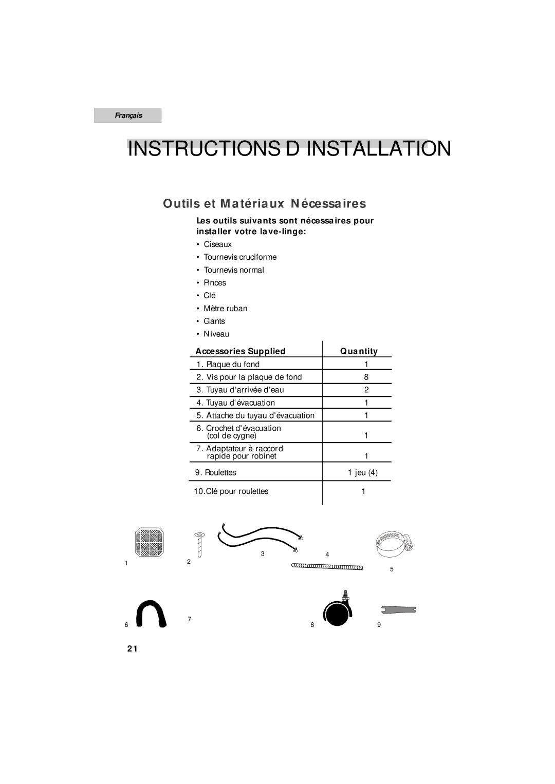 Summit SPW1200P user manual Instructions D’INSTALLATION, Outils et Matériaux Nécessaires 