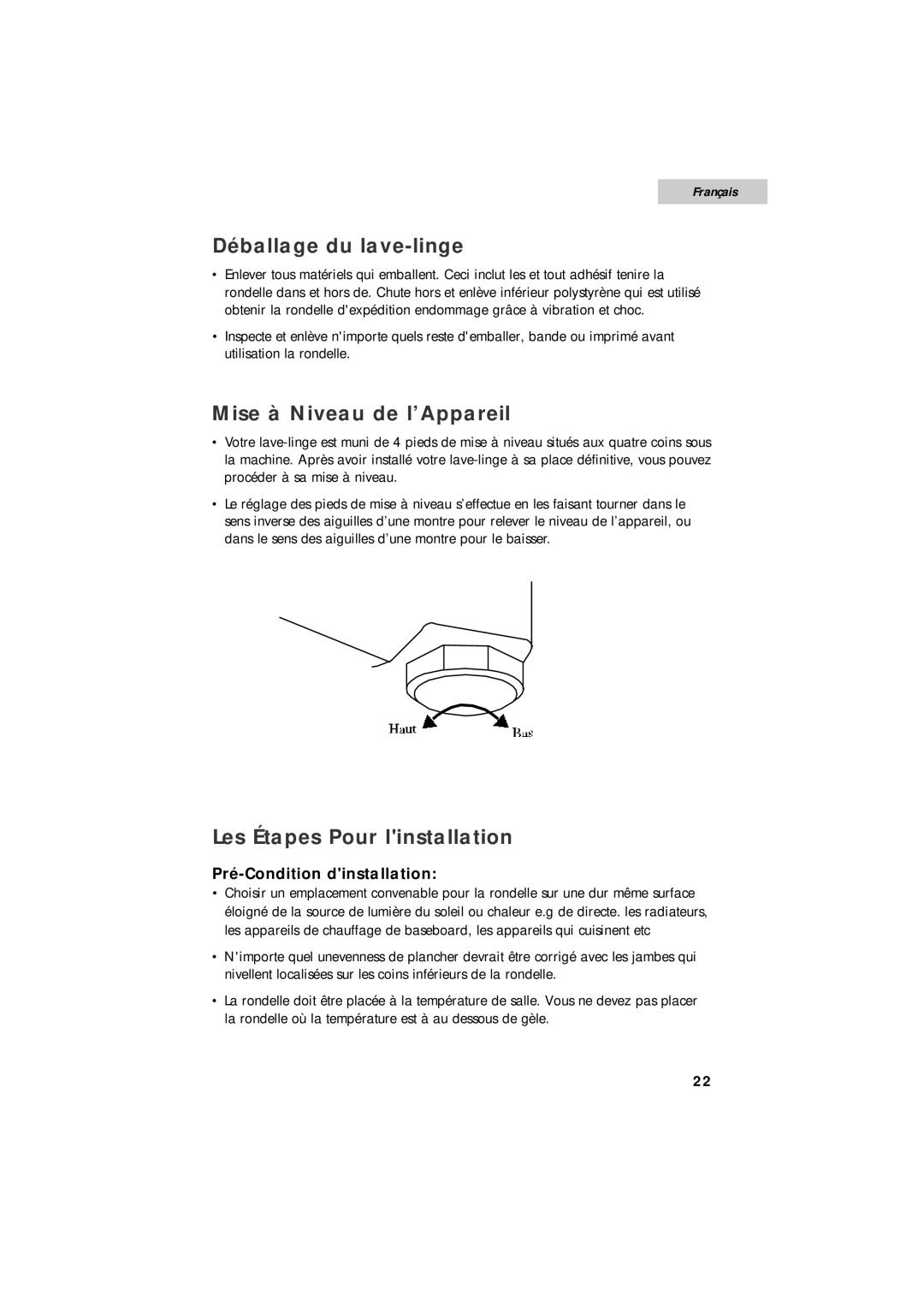 Summit SPW1200P user manual Déballage du lave-linge, Mise à Niveau de l’Appareil, Les Étapes Pour linstallation 