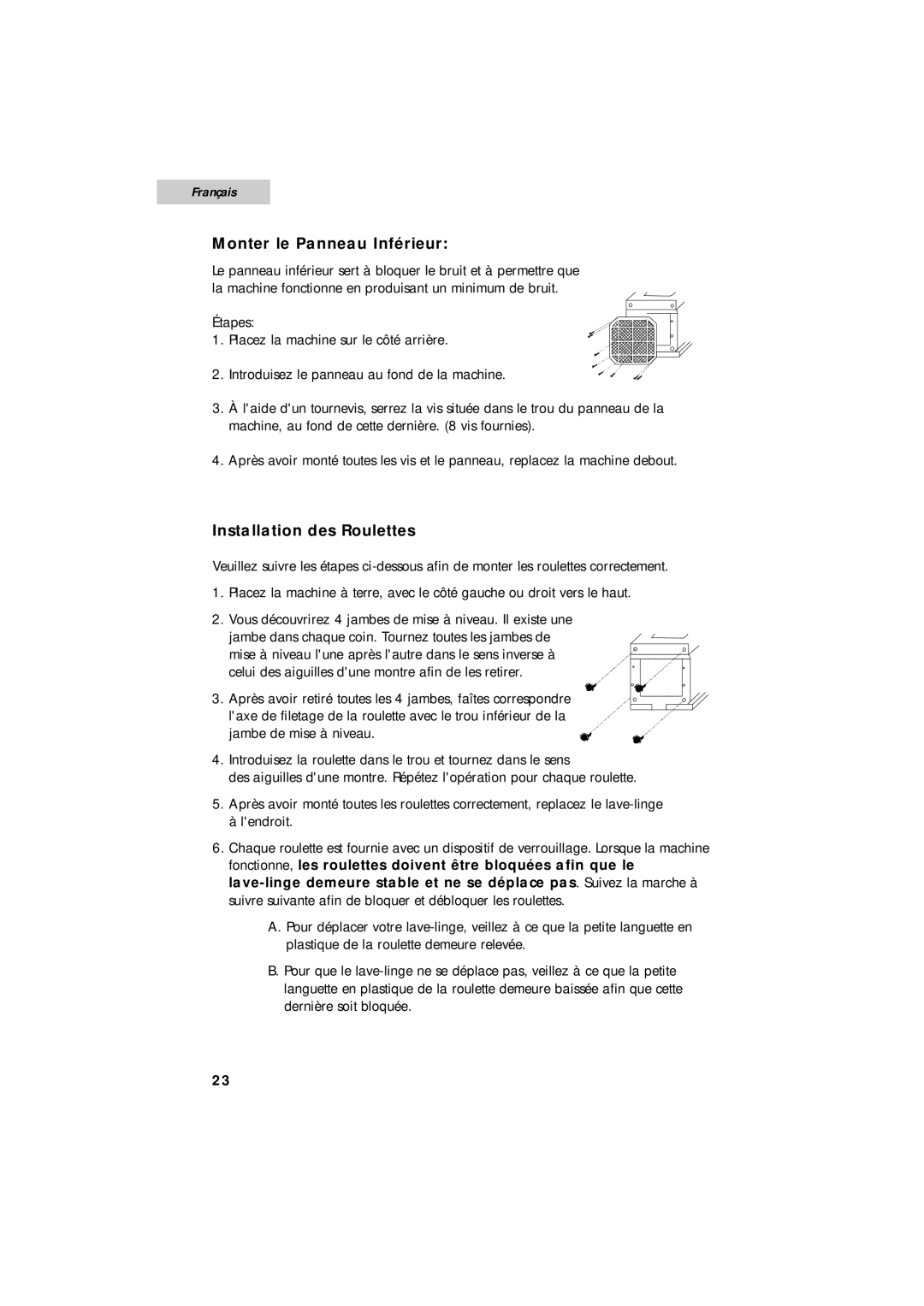 Summit SPW1200P user manual Monter le Panneau Inférieur, Installation des Roulettes 