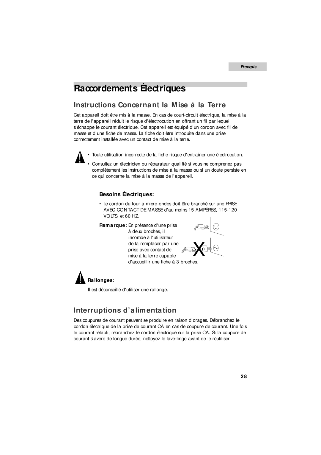 Summit SPW1200P Raccordements Électriques, Instructions Concernant la Mise á la Terre, Interruptions d’alimentation 