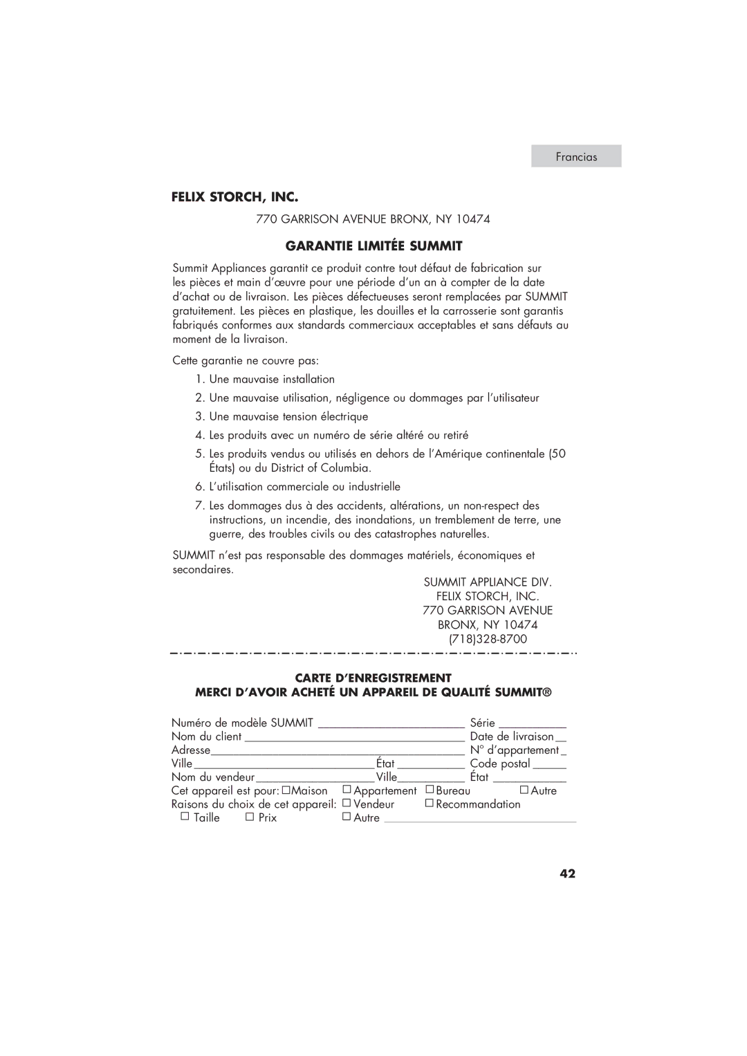 Summit SPW1200P user manual Garantie Limitée Summit 