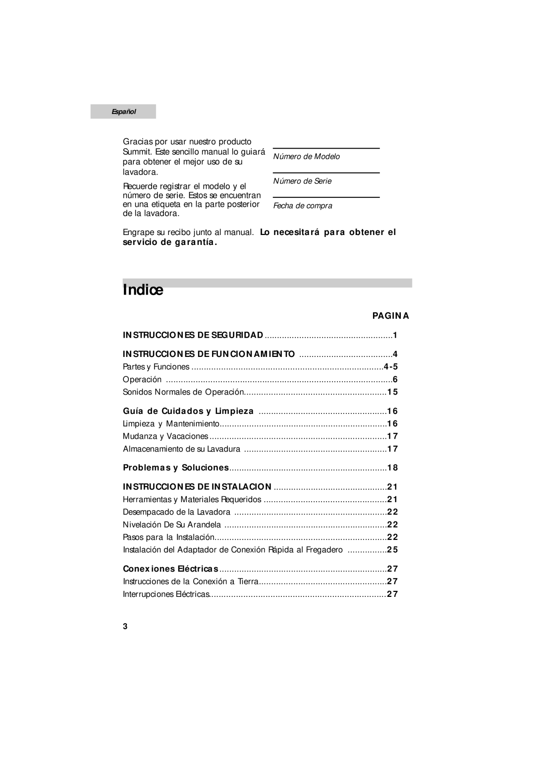 Summit SPW1200P user manual Indice, Servicio de garantía 