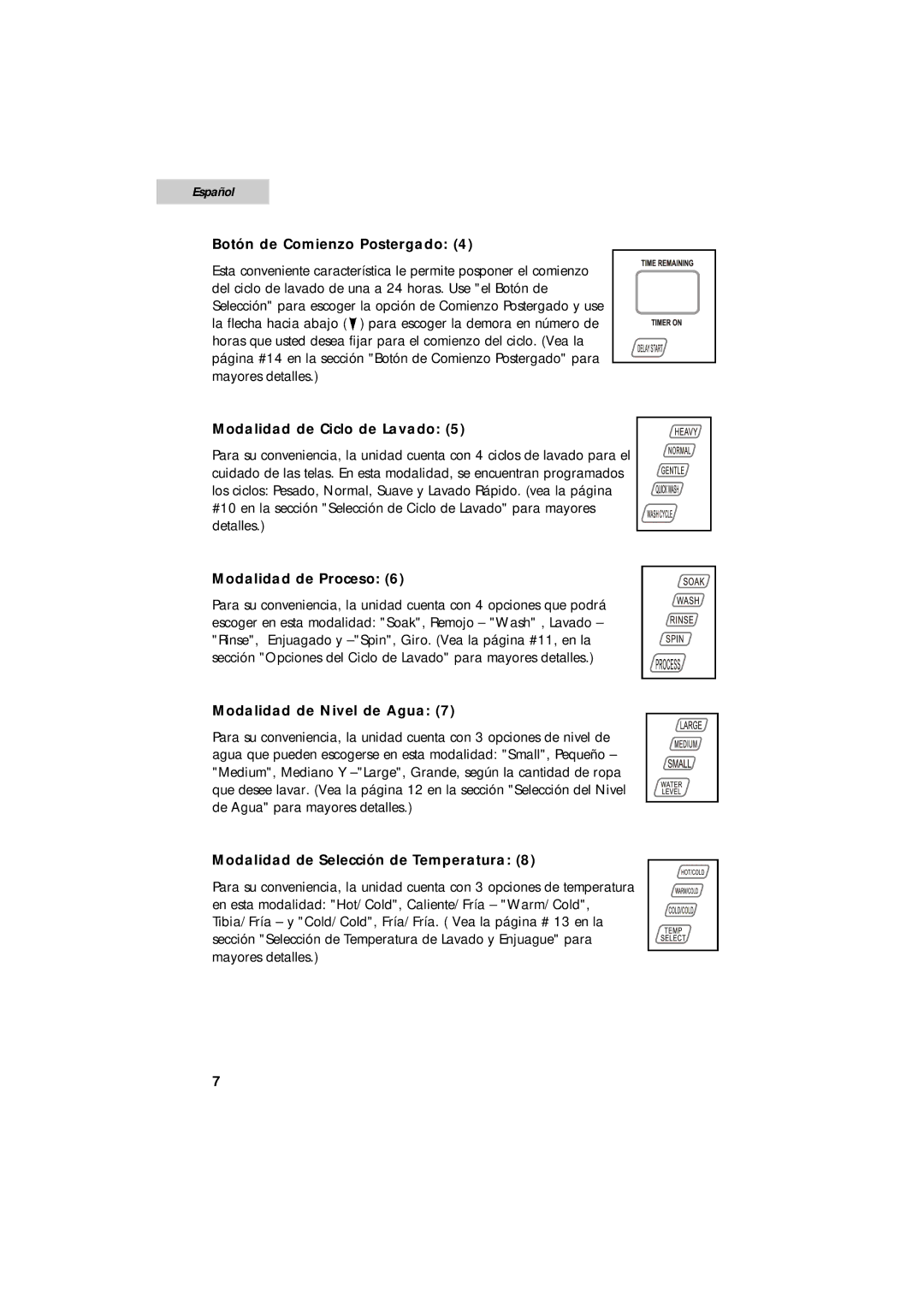 Summit SPW1200P user manual Botón de Comienzo Postergado, Modalidad de Ciclo de Lavado, Modalidad de Proceso 