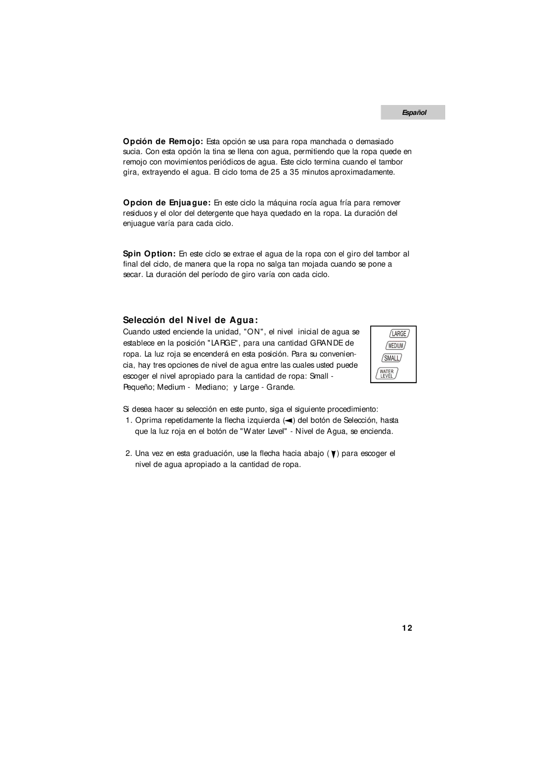 Summit SPW1200P user manual Selección del Nivel de Agua 