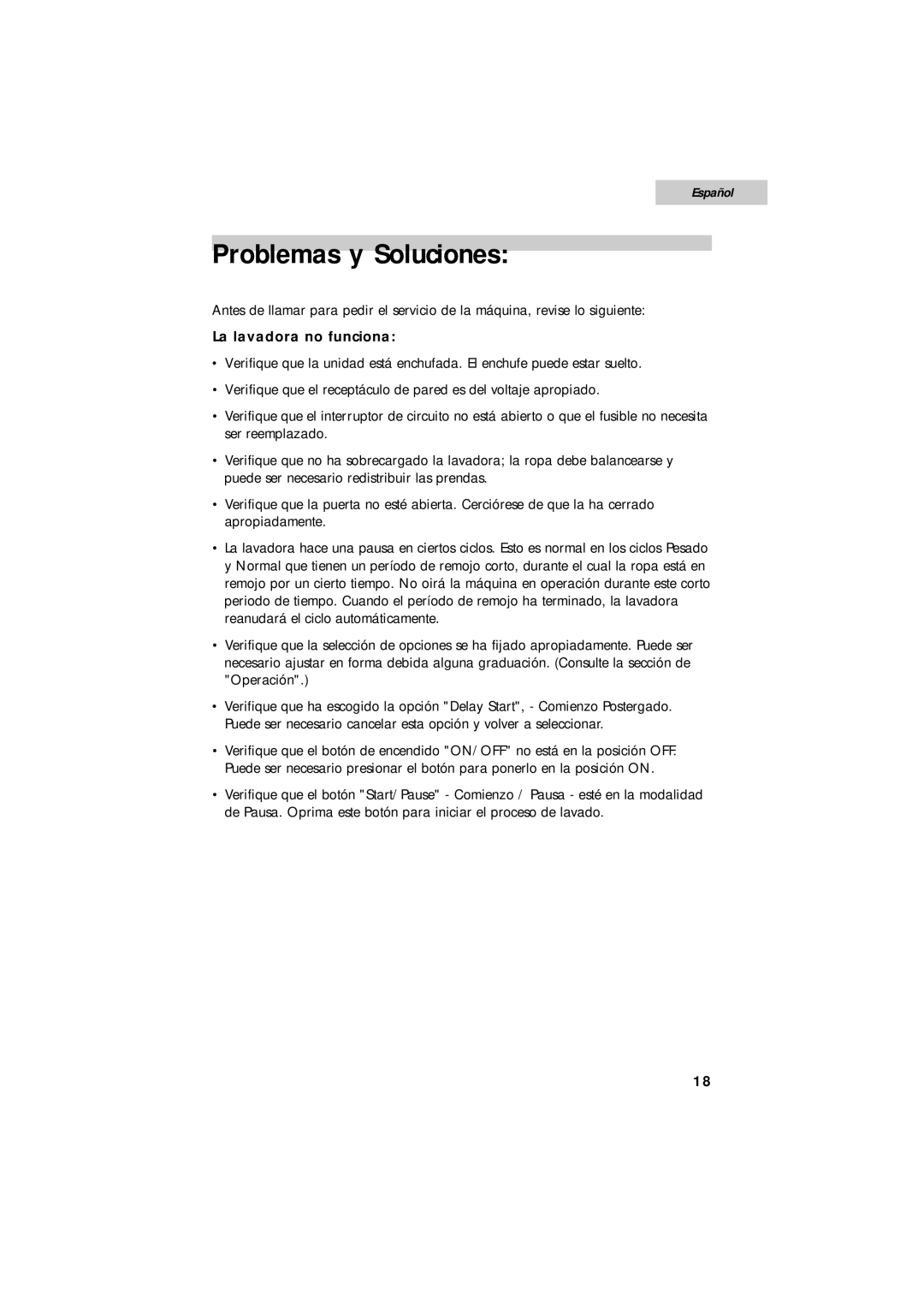 Summit SPW1200P user manual Problemas y Soluciones, La lavadora no funciona 