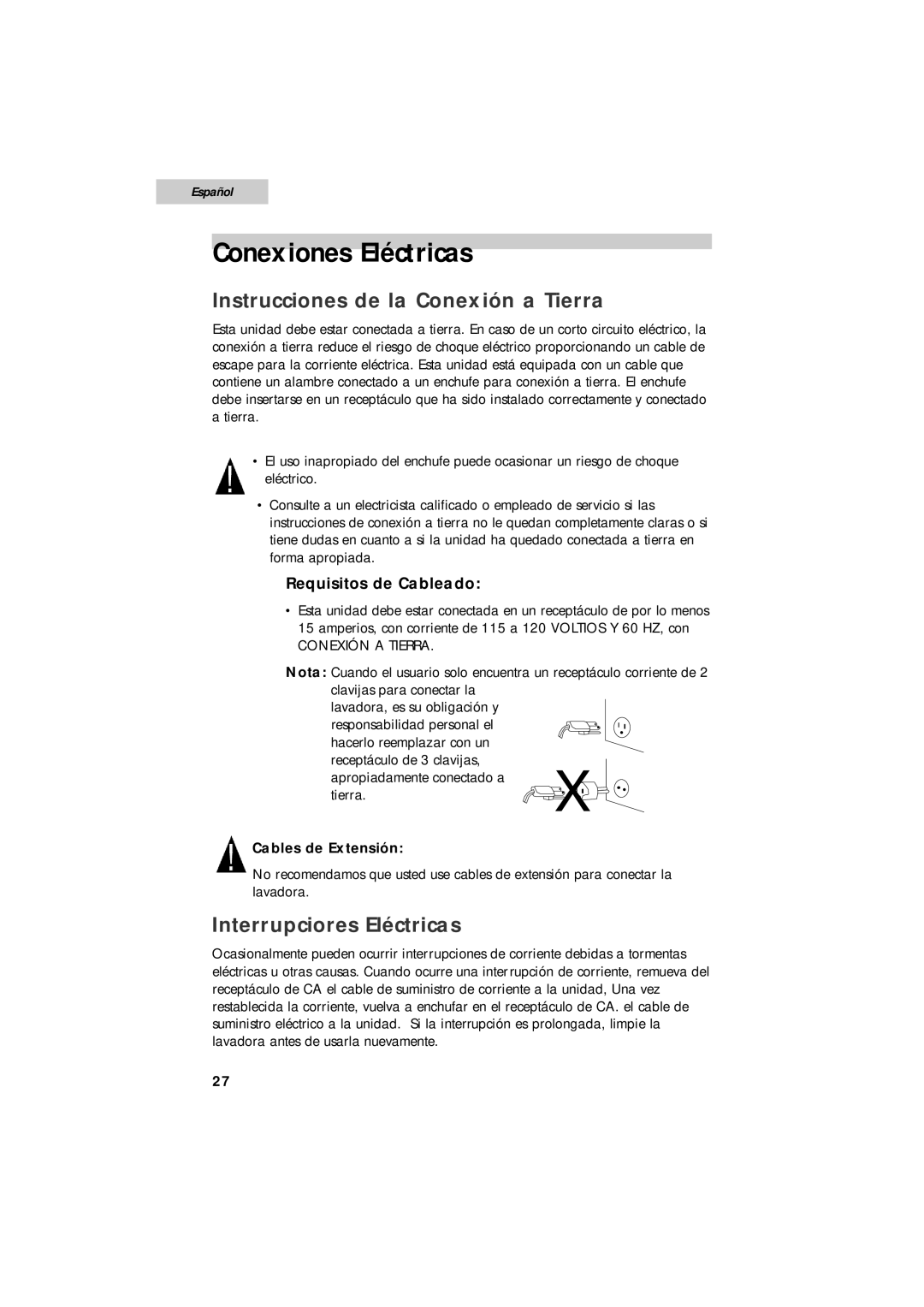 Summit SPW1200P user manual Conexiones Eléctricas, Instrucciones de la Conexión a Tierra, Interrupciores Eléctricas 