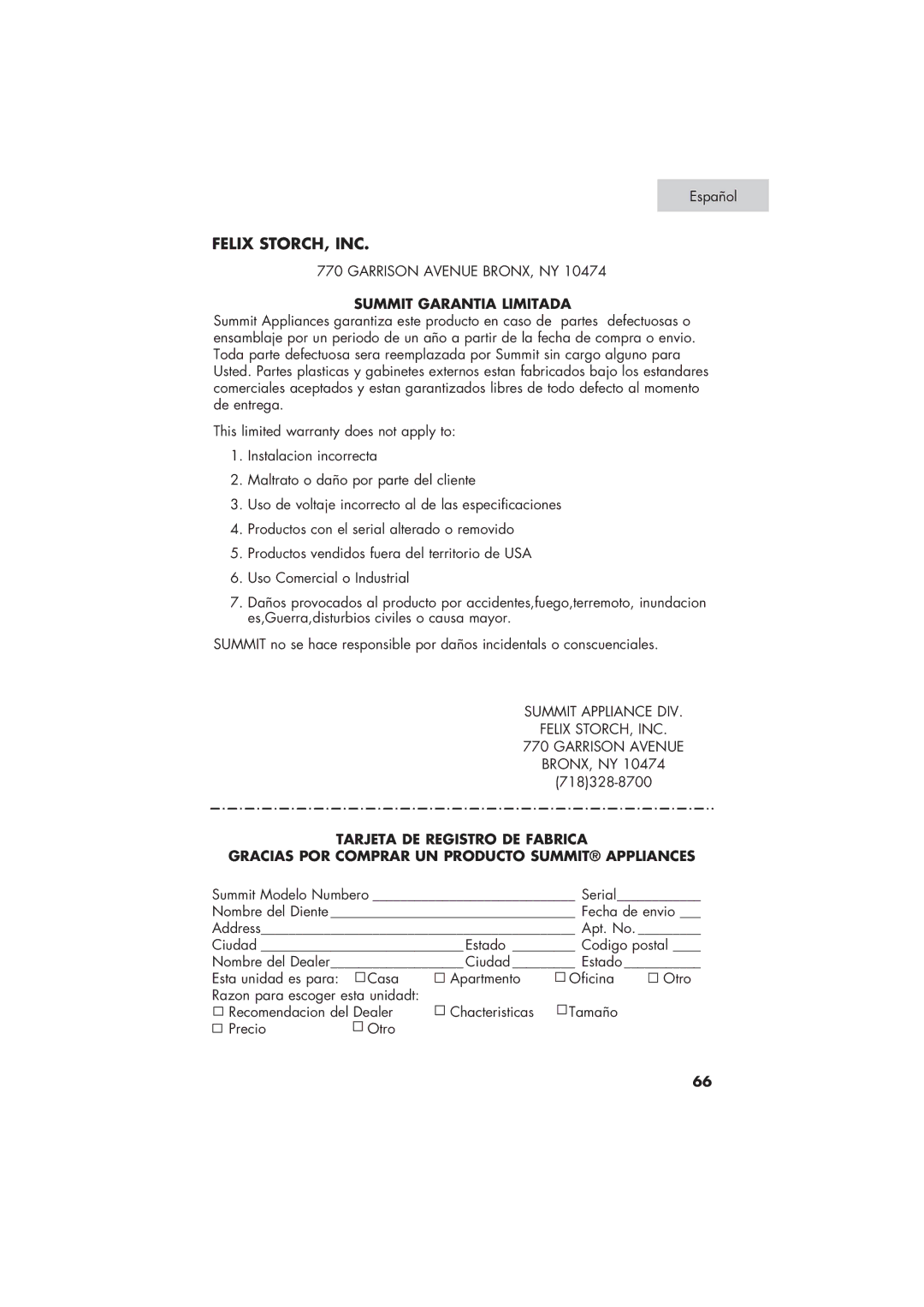 Summit SPW1200P user manual Summit Garantia Limitada 