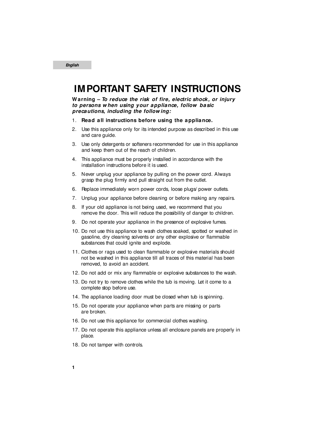 Summit SPW1200P user manual Important Safety Instructions, English, Read all instructions before using the appliance 