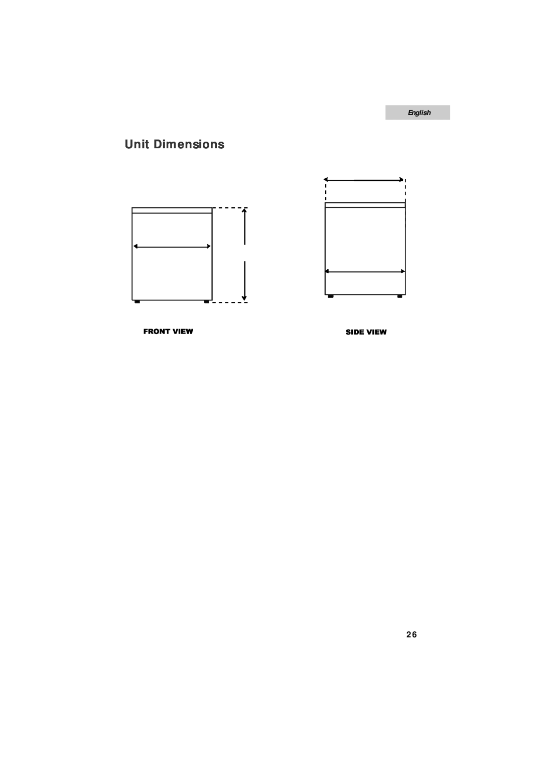 Summit SPW1200P user manual Unit Dimensions, English, Front View, Side View 