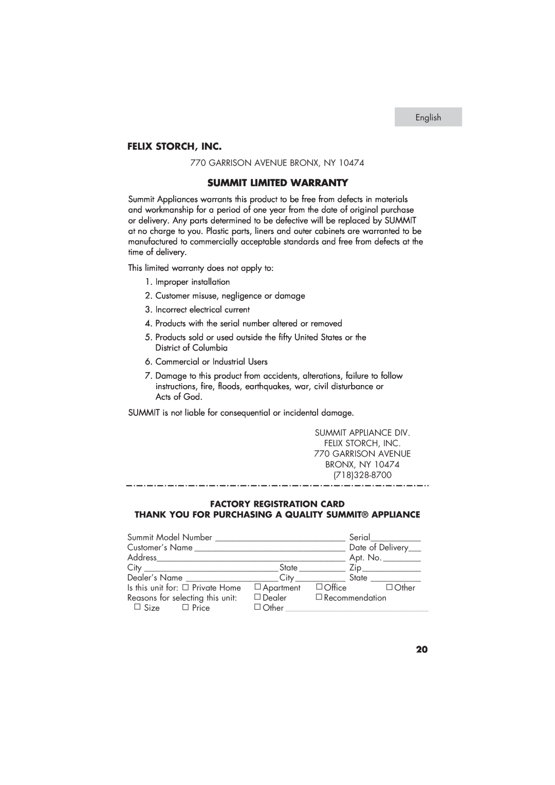 Summit SPW1200P user manual Felix Storch, Inc, Summit Limited Warranty, Factory Registration Card 