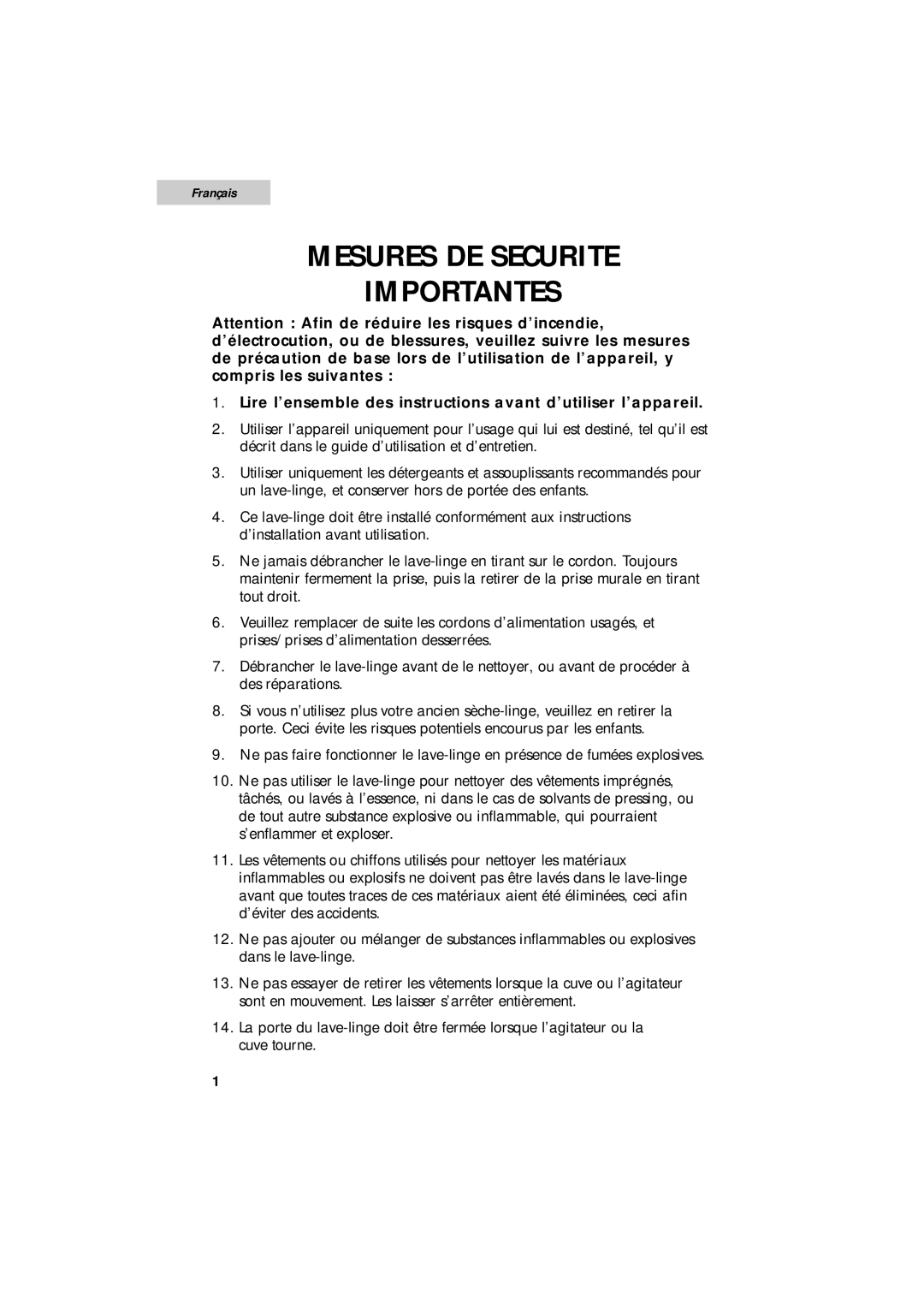 Summit SPW1200P Mesures De Securite Importantes, Français, Lire l’ensemble des instructions avant d’utiliser l’appareil 