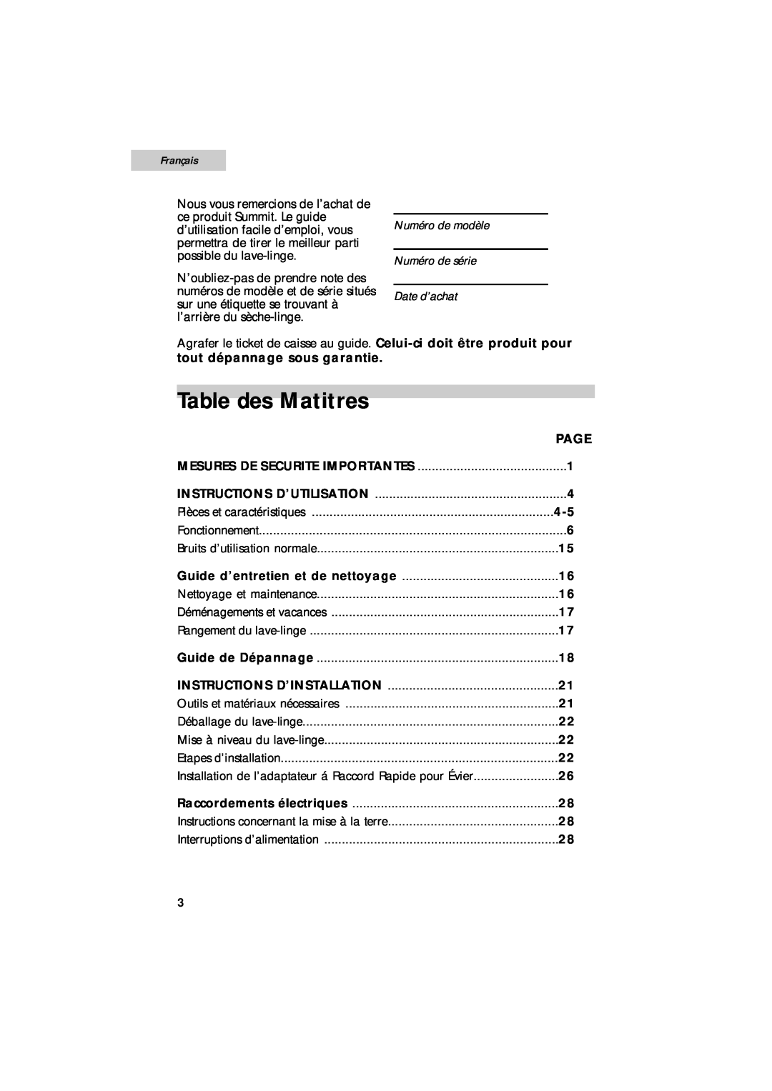 Summit SPW1200P user manual Table des Matitres, tout dépannage sous garantie, Page, Français 