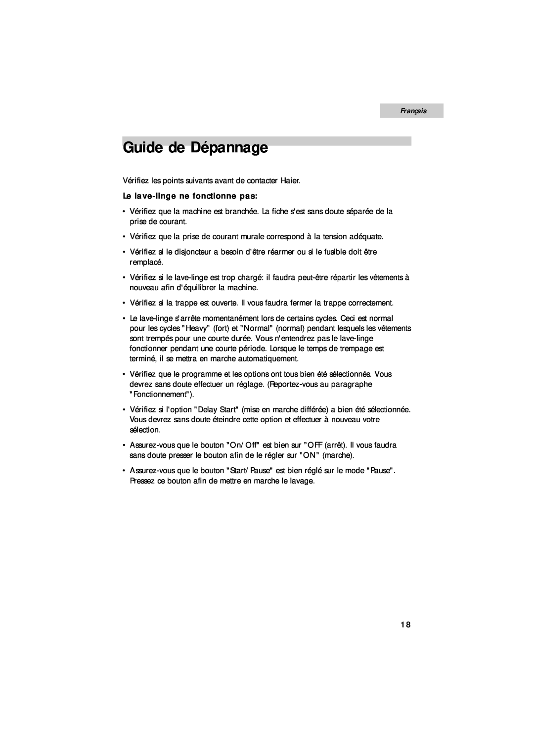 Summit SPW1200P user manual Guide de Dépannage, Français, Le lave-linge ne fonctionne pas 