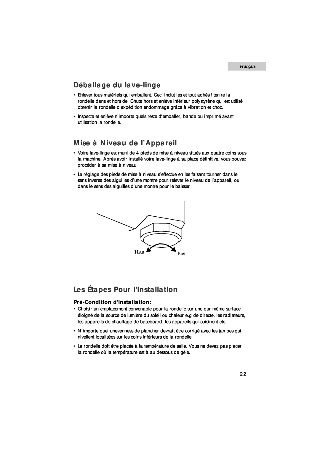 Summit SPW1200P user manual Déballage du lave-linge, Mise à Niveau de l’Appareil, Les Étapes Pour linstallation, Français 