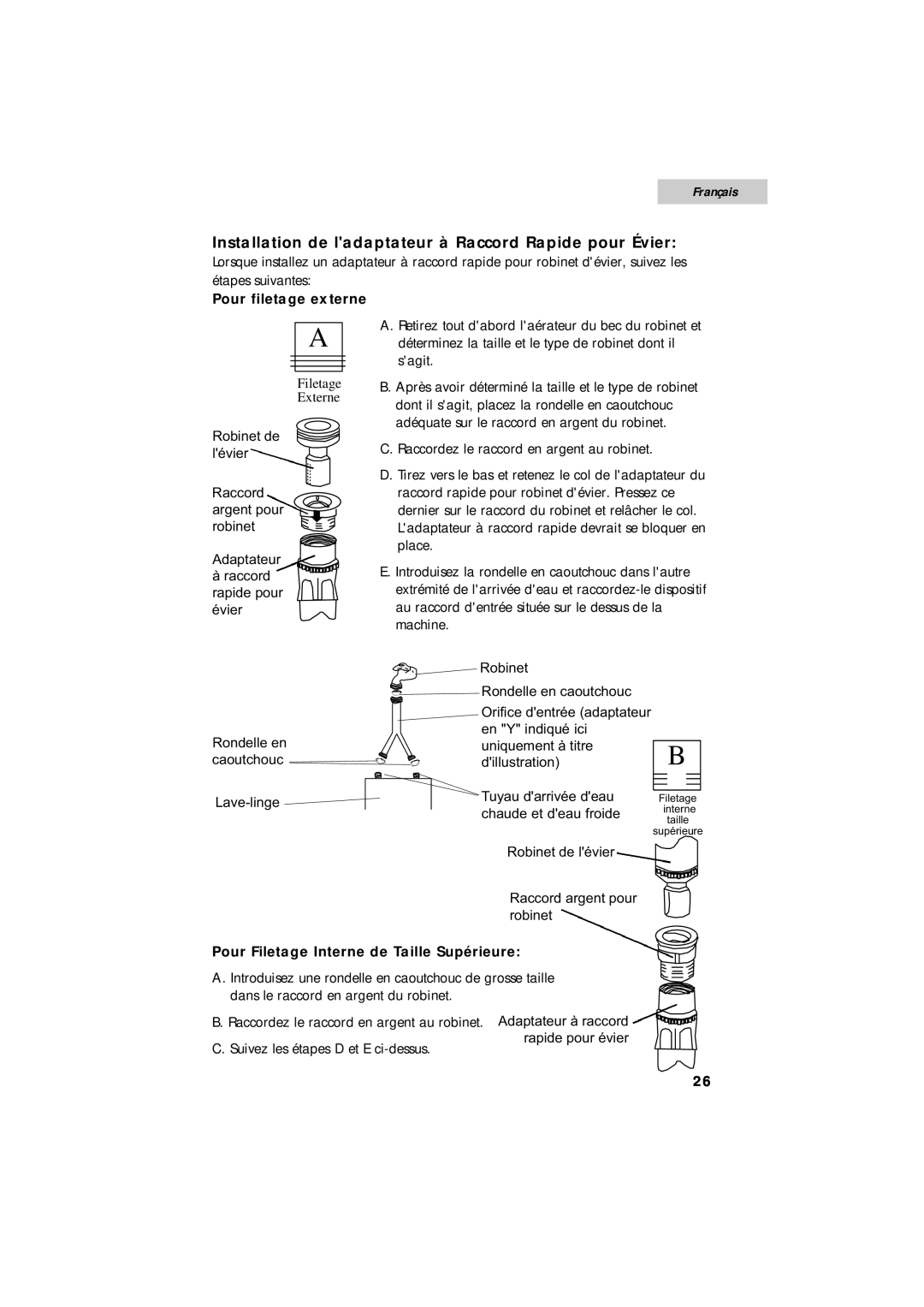 Summit SPW1200P user manual Installation de ladaptateur à Raccord Rapide pour Évier, Français, Pour filetage externe 