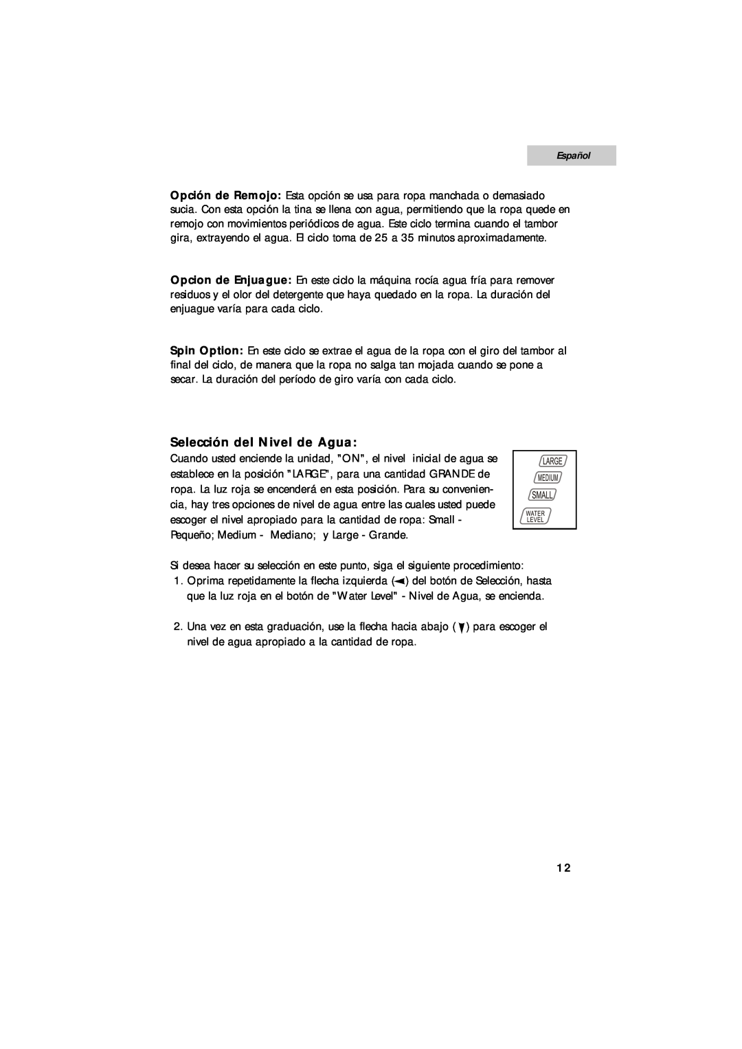 Summit SPW1200P user manual Selección del Nivel de Agua, Español 