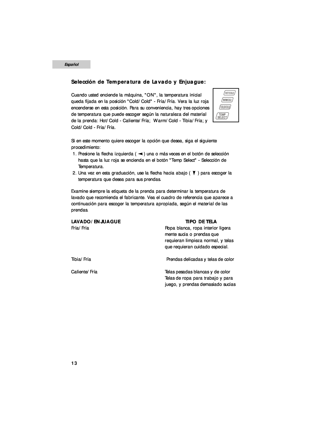 Summit SPW1200P user manual Selección de Temperatura de Lavado y Enjuague, Español, Lavado/Enjuague, Tipo De Tela 
