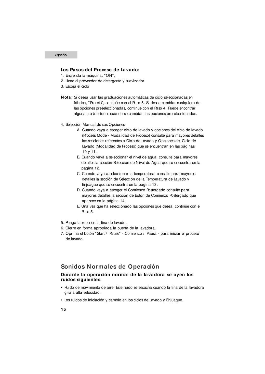 Summit SPW1200P user manual Sonidos Normales de Operación, Los Pasos del Proceso de Lavado, Español 