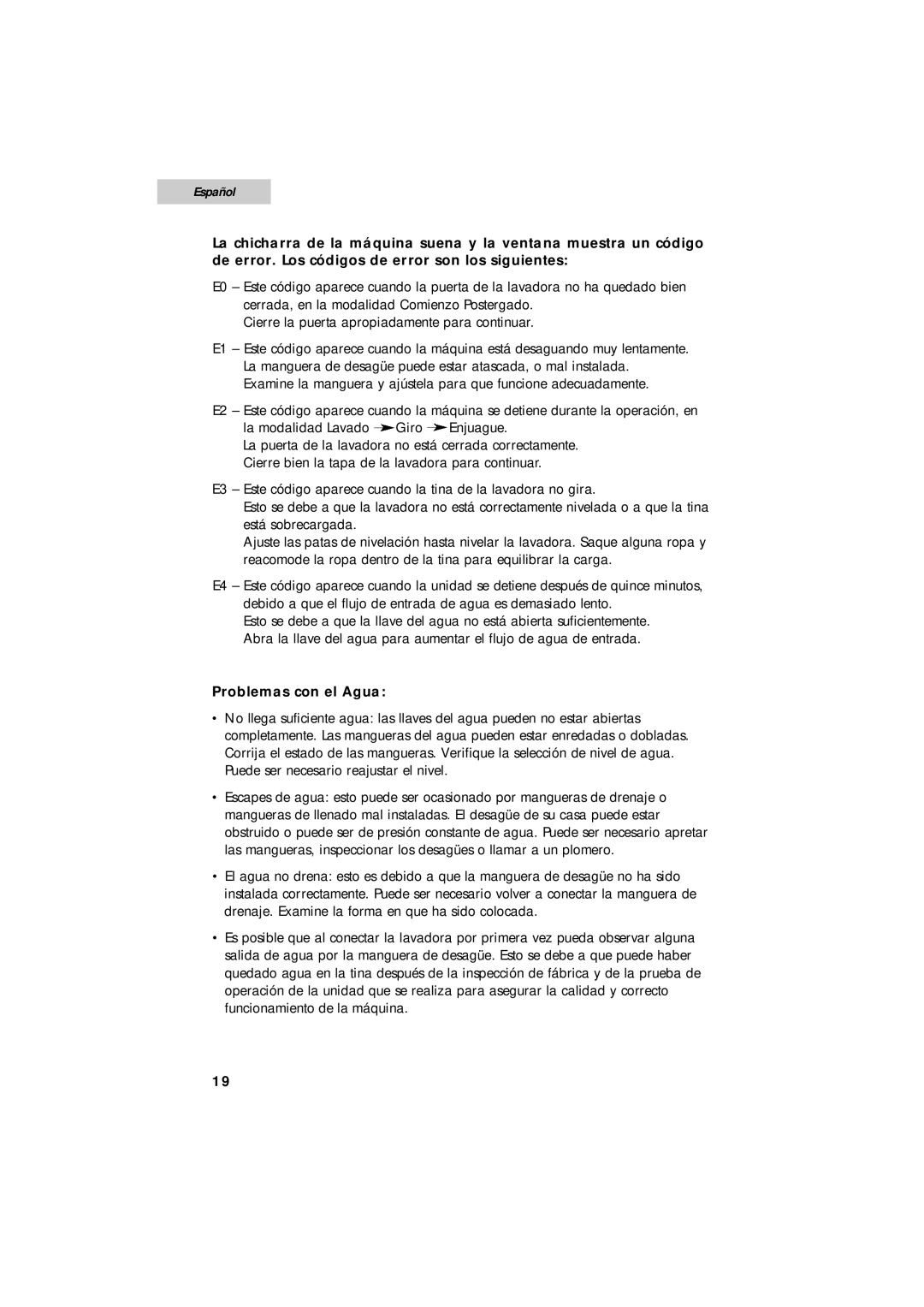 Summit SPW1200P user manual Español, Problemas con el Agua 
