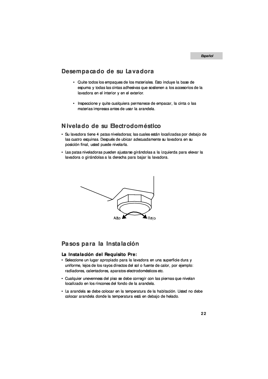 Summit SPW1200P user manual Desempacado de su Lavadora, Nivelado de su Electrodoméstico, Pasos para la Instalación, Español 