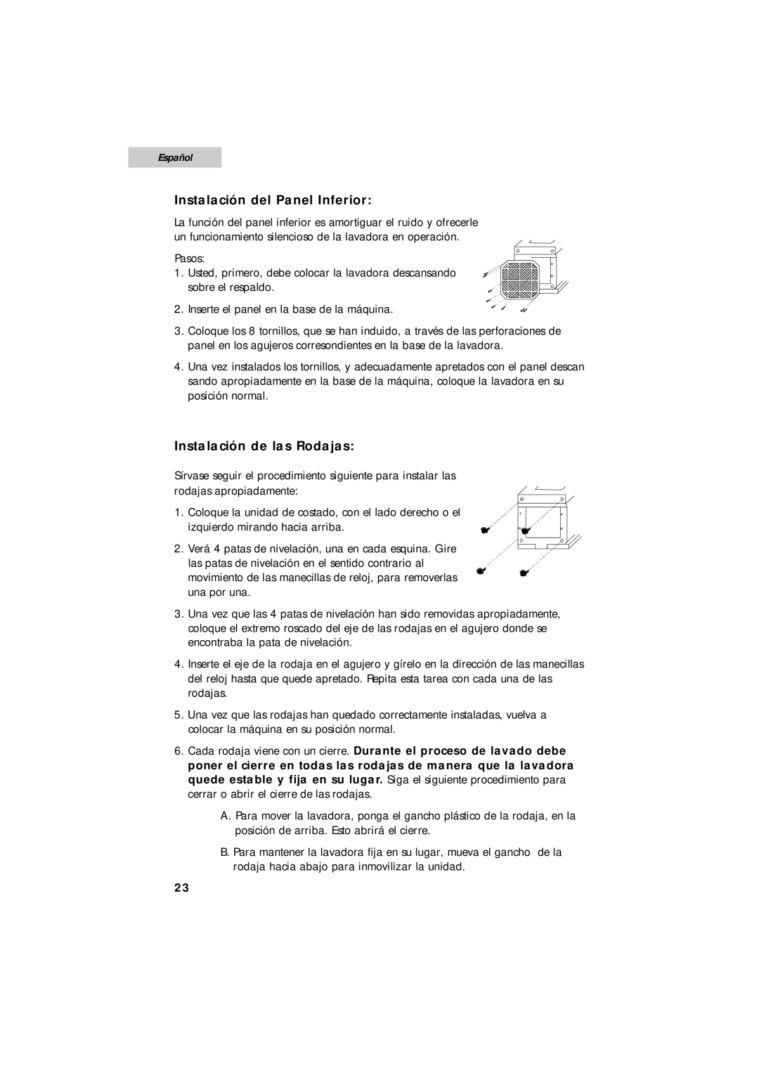 Summit SPW1200P user manual Instalación del Panel Inferior, Instalación de las Rodajas, Español 