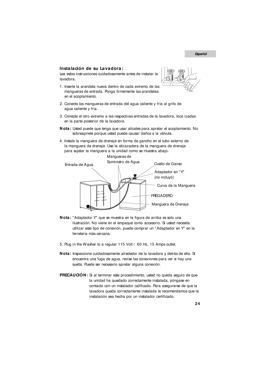 Summit SPW1200P user manual Instalación de su Lavadora, Español 