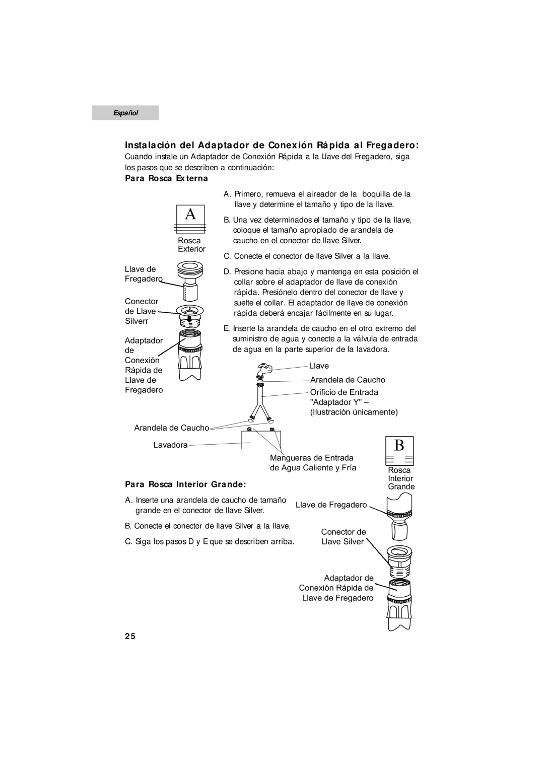 Summit SPW1200P user manual Instalación del Adaptador de Conexión Rápida al Fregadero, Español, Para Rosca Externa 