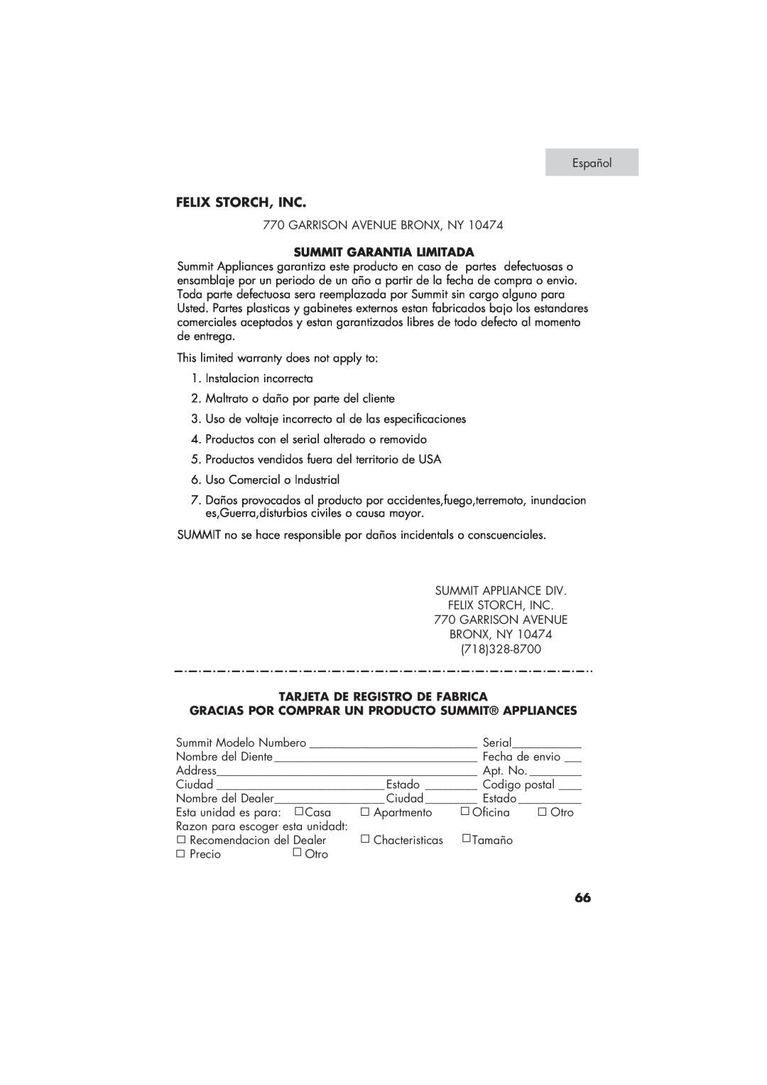 Summit SPW1200P user manual Felix Storch, Inc, Summit Garantia Limitada, Tarjeta De Registro De Fabrica 