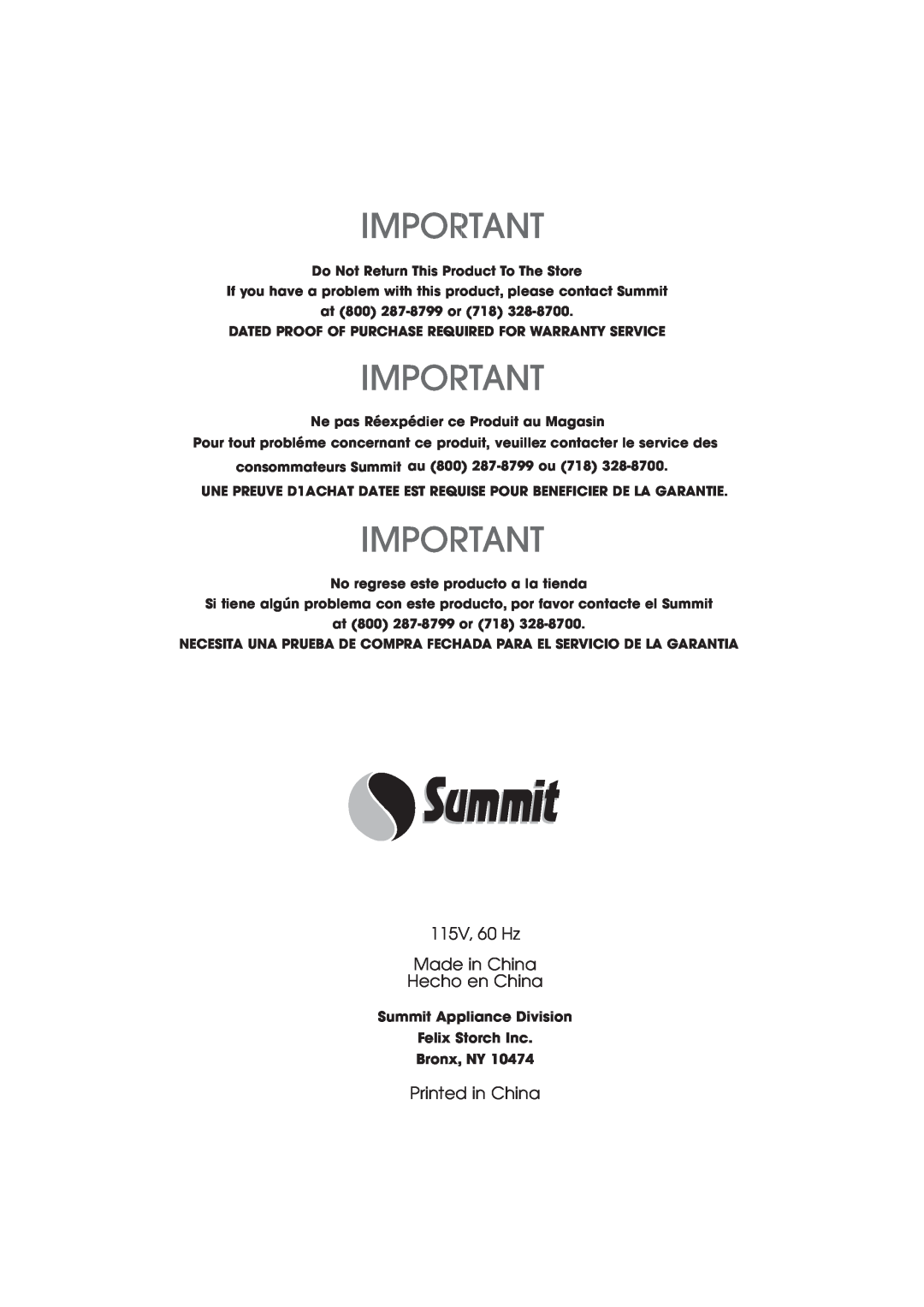 Summit SPW1200P user manual 115V, 60 Hz Made in China Hecho en China, Printed in China 