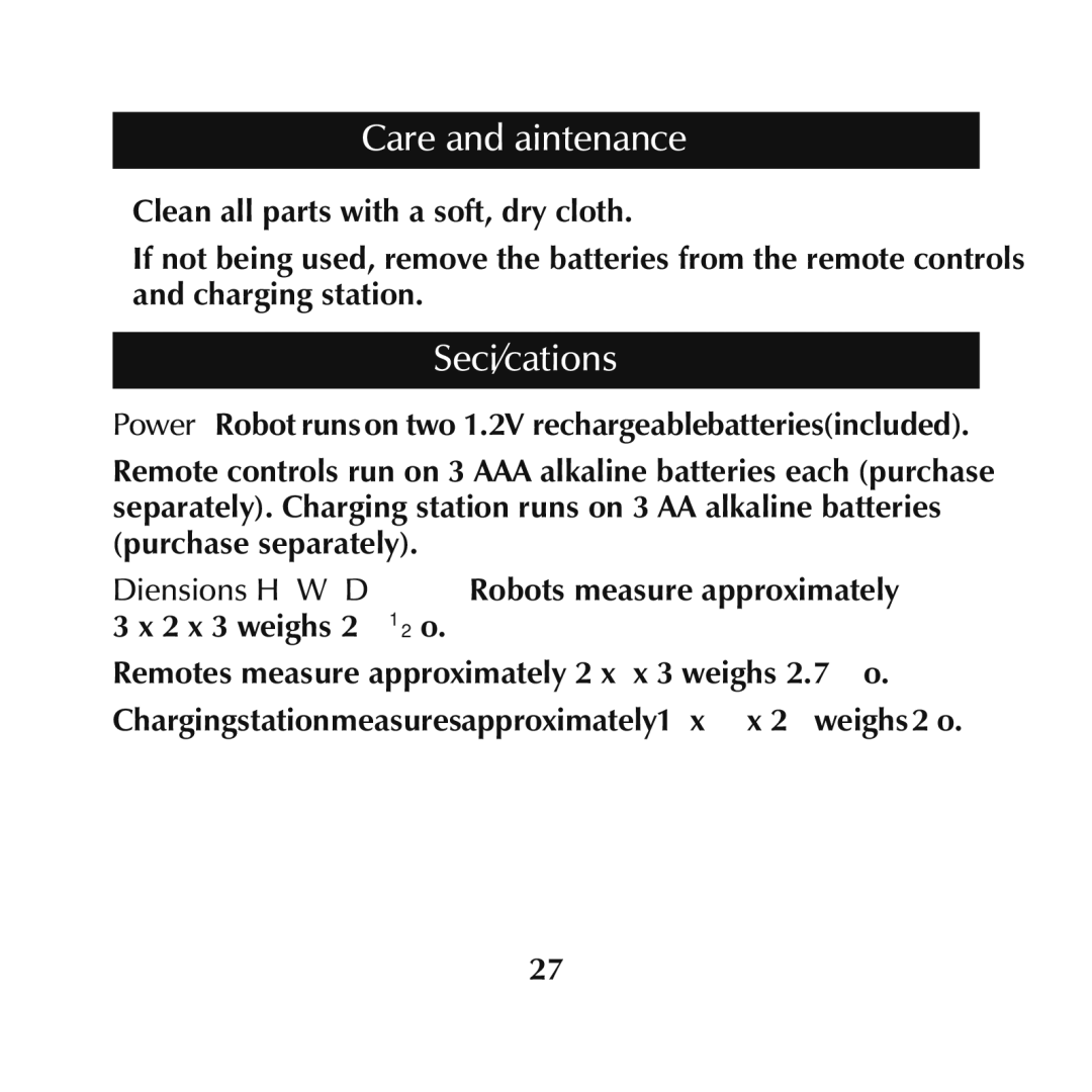 Sumo SL001 manual Care and Maintenance, Specifications 