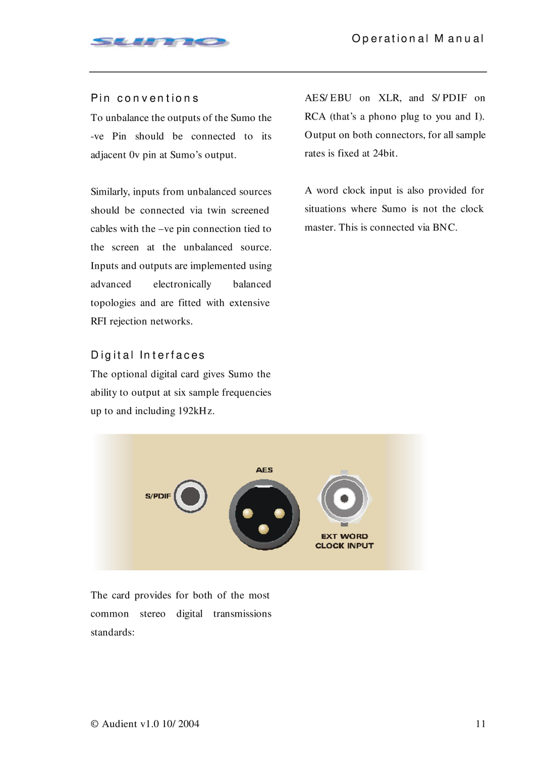 Sumo Summing Amplifier manual Operational Manual Pin conventions, Digital Interfaces 