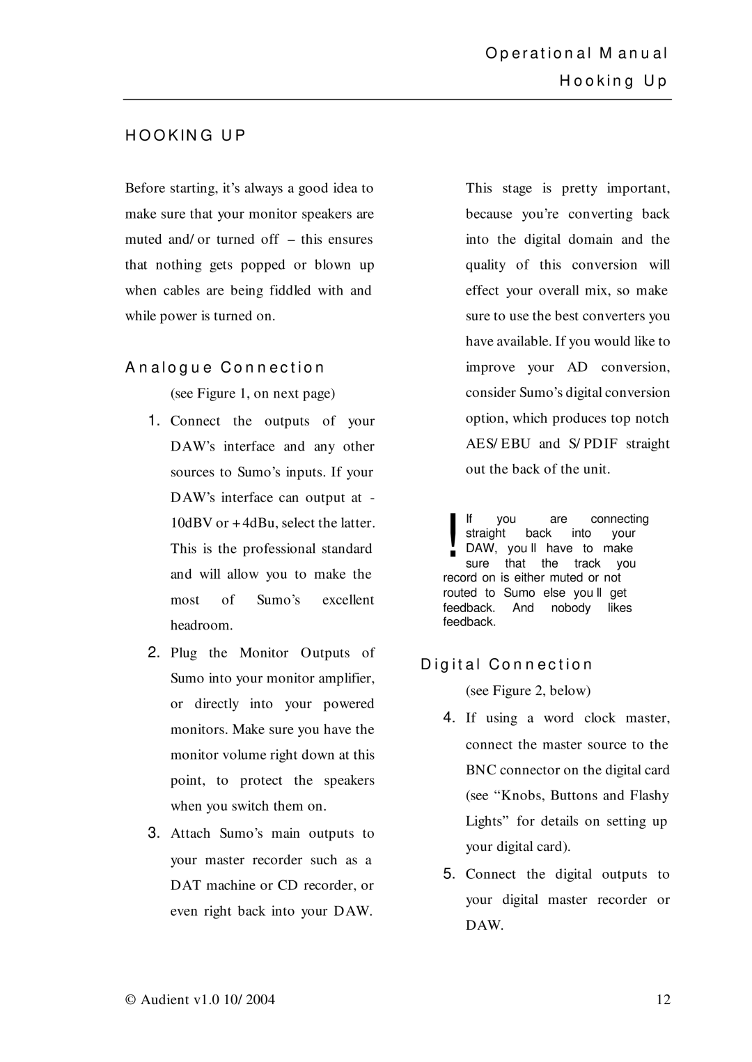 Sumo Summing Amplifier manual Operational Manual Hooking Up, Hooking UP, Analogue Connection, Digital Connection 
