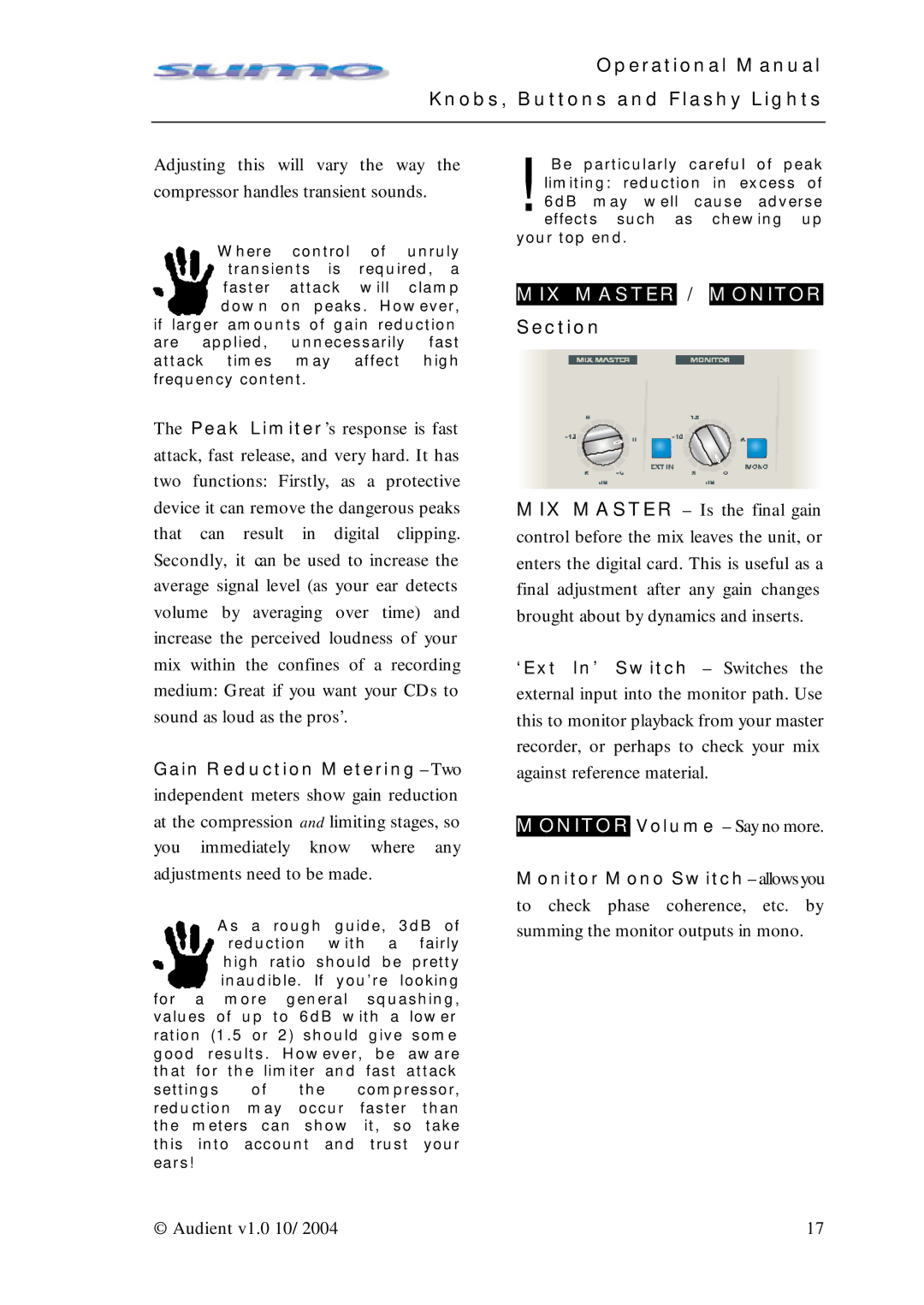 Sumo Summing Amplifier manual MIX Master / Monitor, Section 