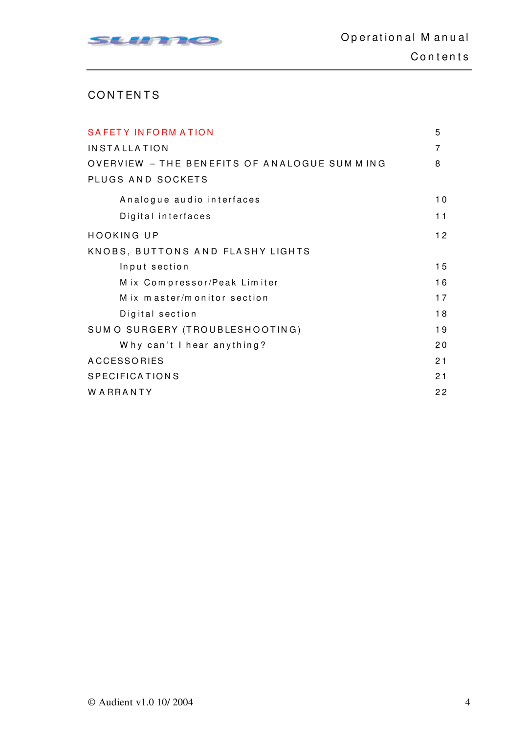 Sumo Summing Amplifier manual Contents 