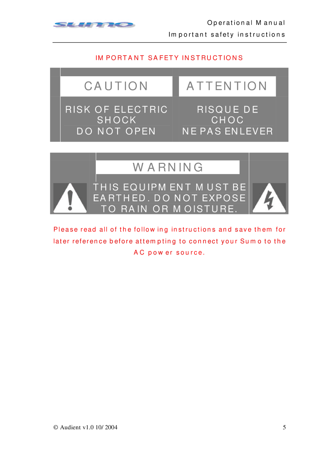 Sumo Summing Amplifier manual Operational Manual Important safety instructions 