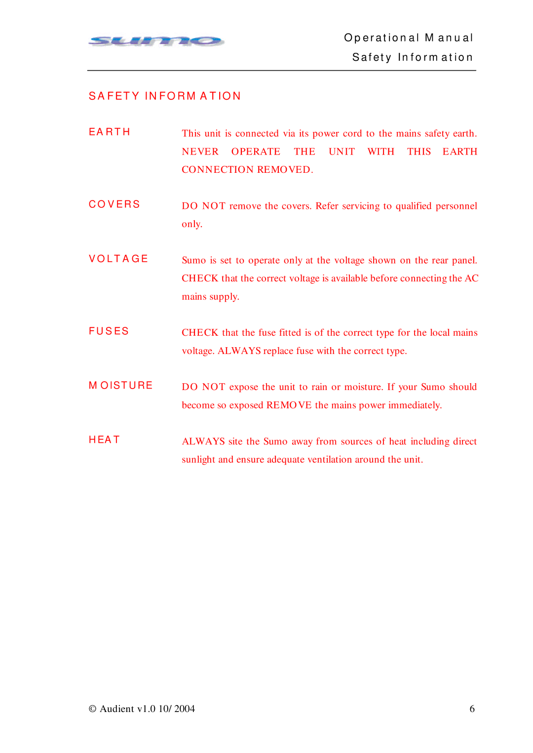 Sumo Summing Amplifier manual Operational Manual Safety Information 