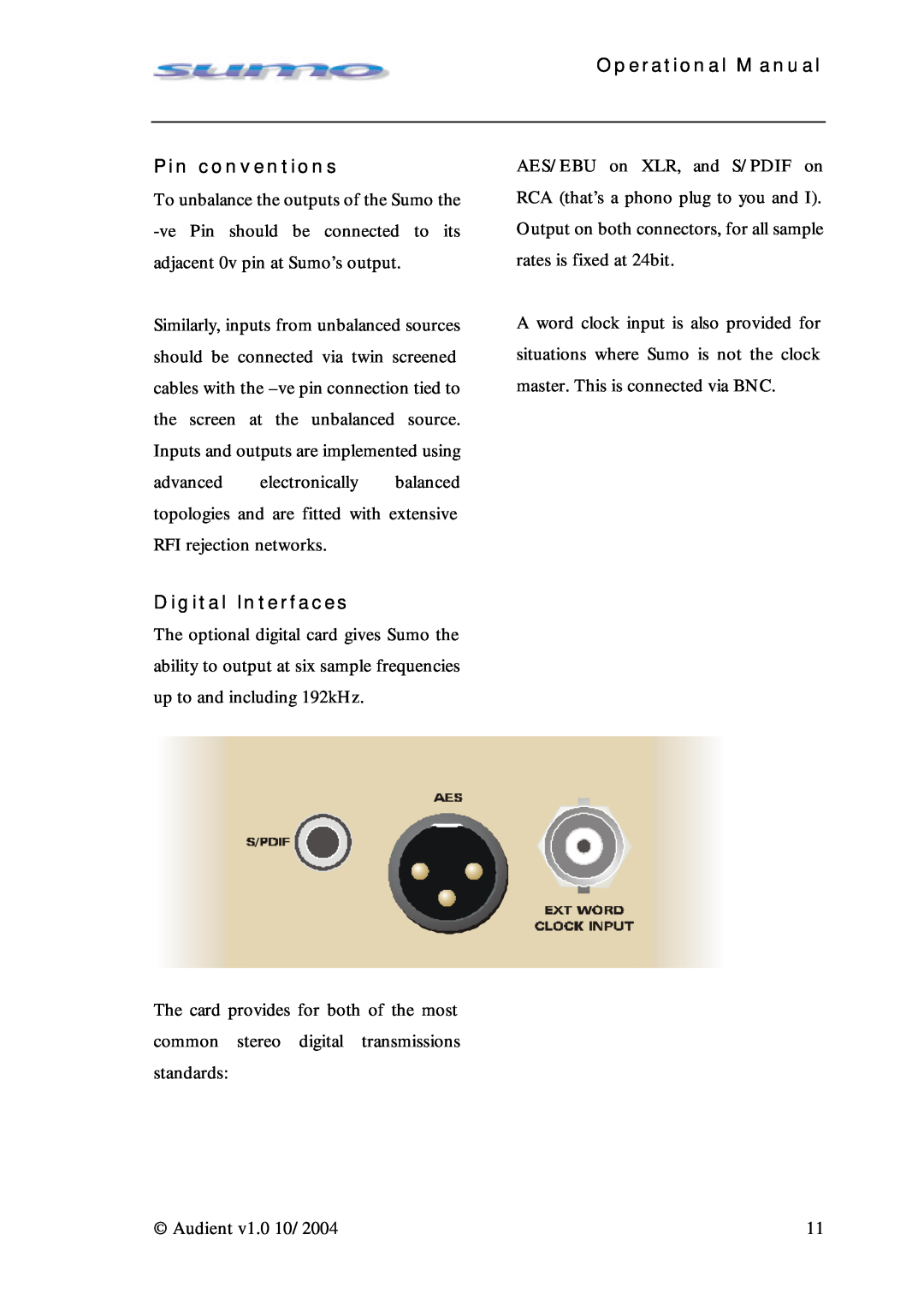 Sumo Summing Amplifier manual Operational Manual, Pin conventions, Digital Interfaces 