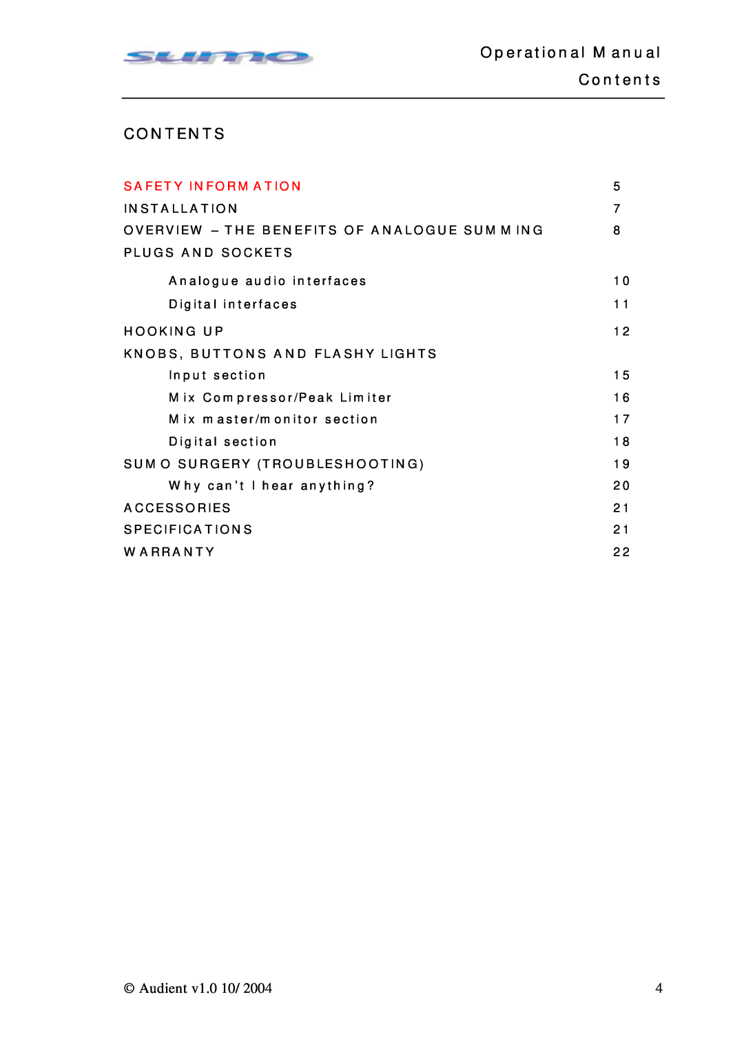 Sumo Summing Amplifier manual Operational Manual Contents CONTENTS, Audient v1.0 10/2004, Safety Information 
