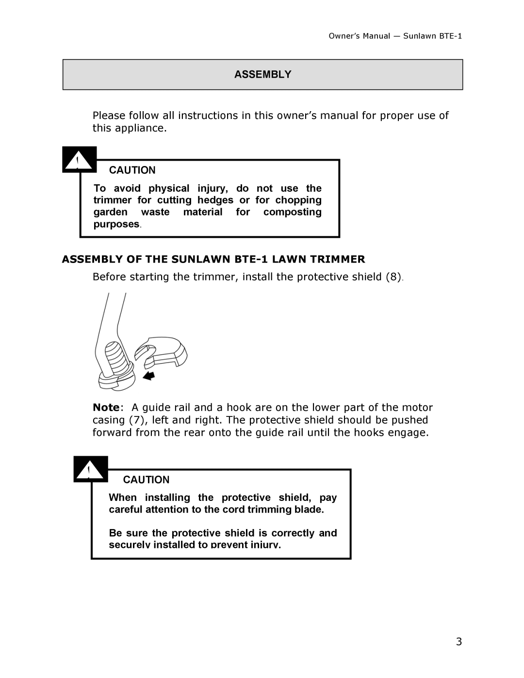 Sun Lawn owner manual Assembly of the Sunlawn BTE-1 Lawn Trimmer 