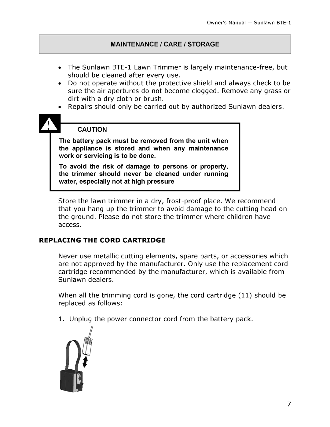 Sun Lawn BTE-1 owner manual Maintenance / Care / Storage, Replacing the Cord Cartridge 