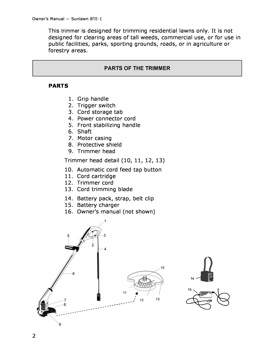 Sun Lawn BTE-1 owner manual Parts Of The Trimmer 