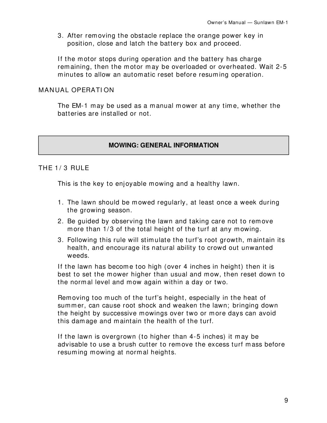 Sun Lawn EM-1 owner manual Manual Operation, Mowing General Information, 1/3 Rule 