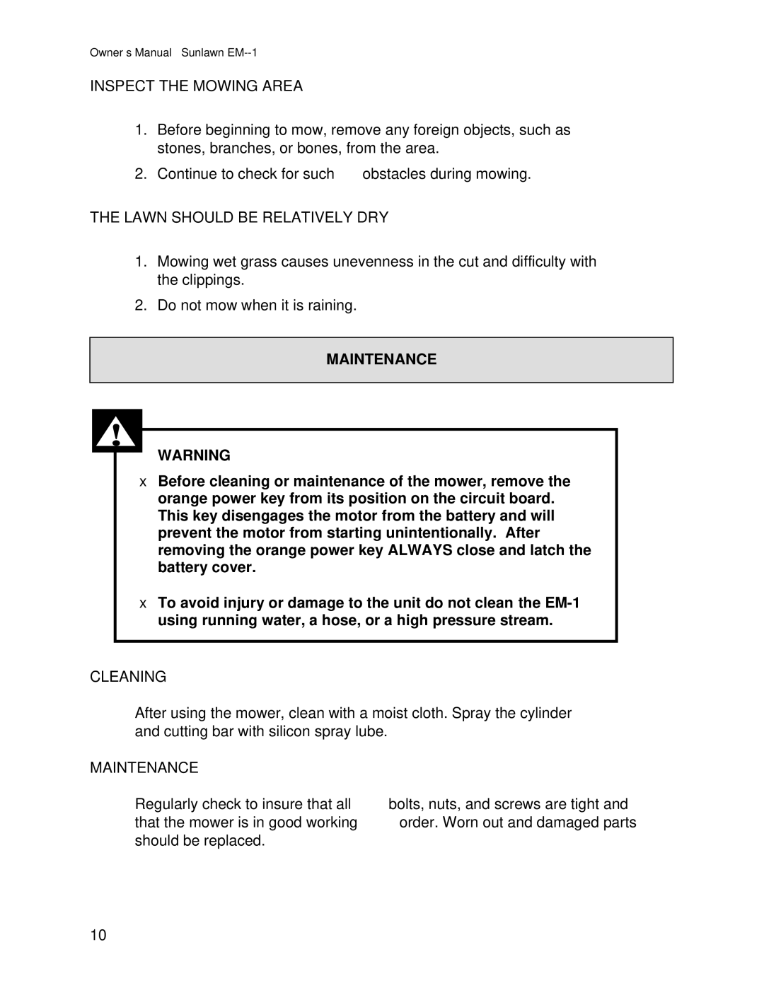 Sun Lawn EM-1 owner manual Inspect the Mowing Area, Lawn should be Relatively DRY, Maintenance, Cleaning 