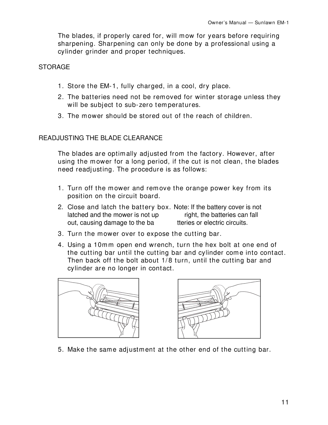 Sun Lawn EM-1 owner manual Storage, Readjusting the Blade Clearance 