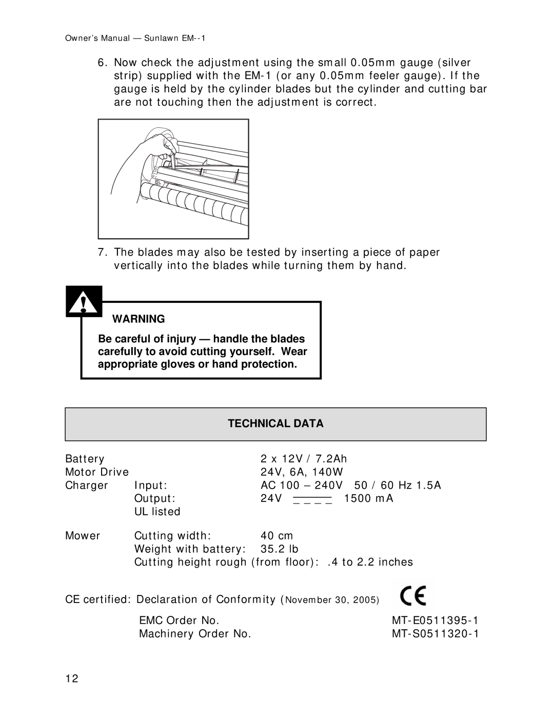 Sun Lawn EM-1 owner manual Technical Data 